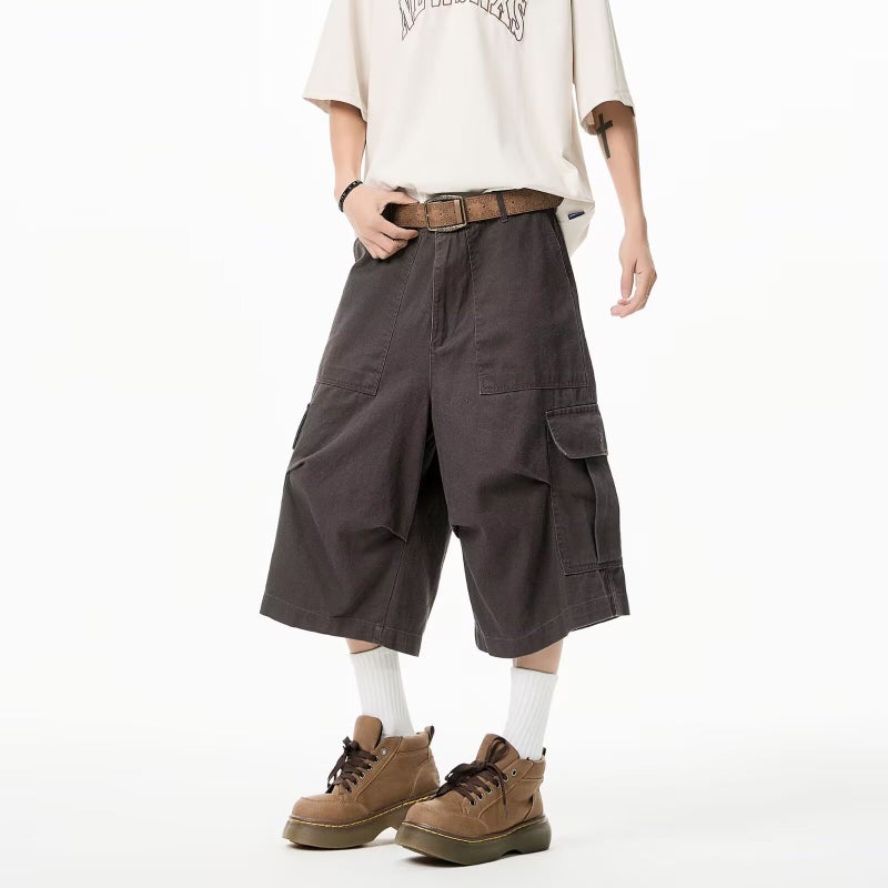 American Style Retro Large Pocket Pleated Logging Tooling Jeans Trendy Brand All-Match Loose Wide-Leg Casual Shorts For Men And Women - Image 1